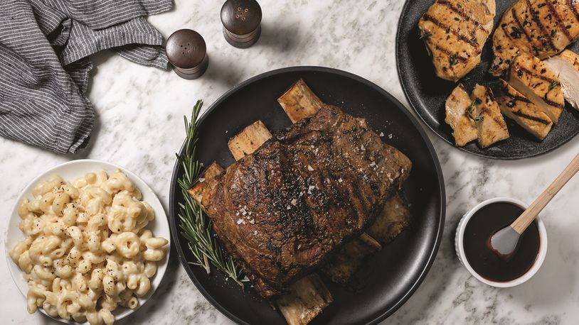 Grilled beef rib macaroni and cheese and grilled chicken