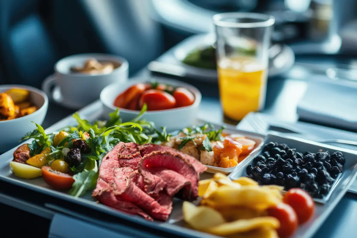 A tray of airline food featuring sous vide roast beef, plated with sides and garnishes.